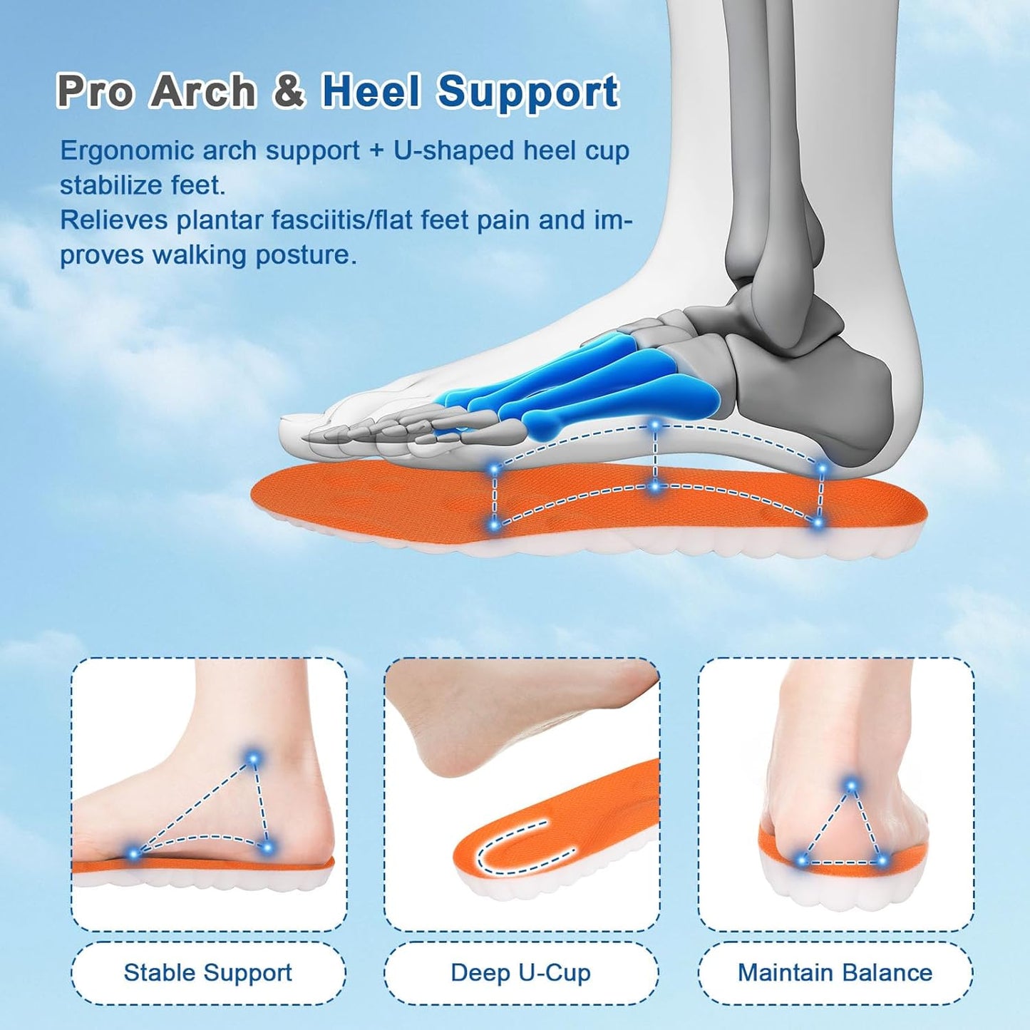 2 Pairs Steppers Massage Insoles for Men Women Unisex, Enhanced Arch Support & Cushioned Comfort, Fits All Shoe Types