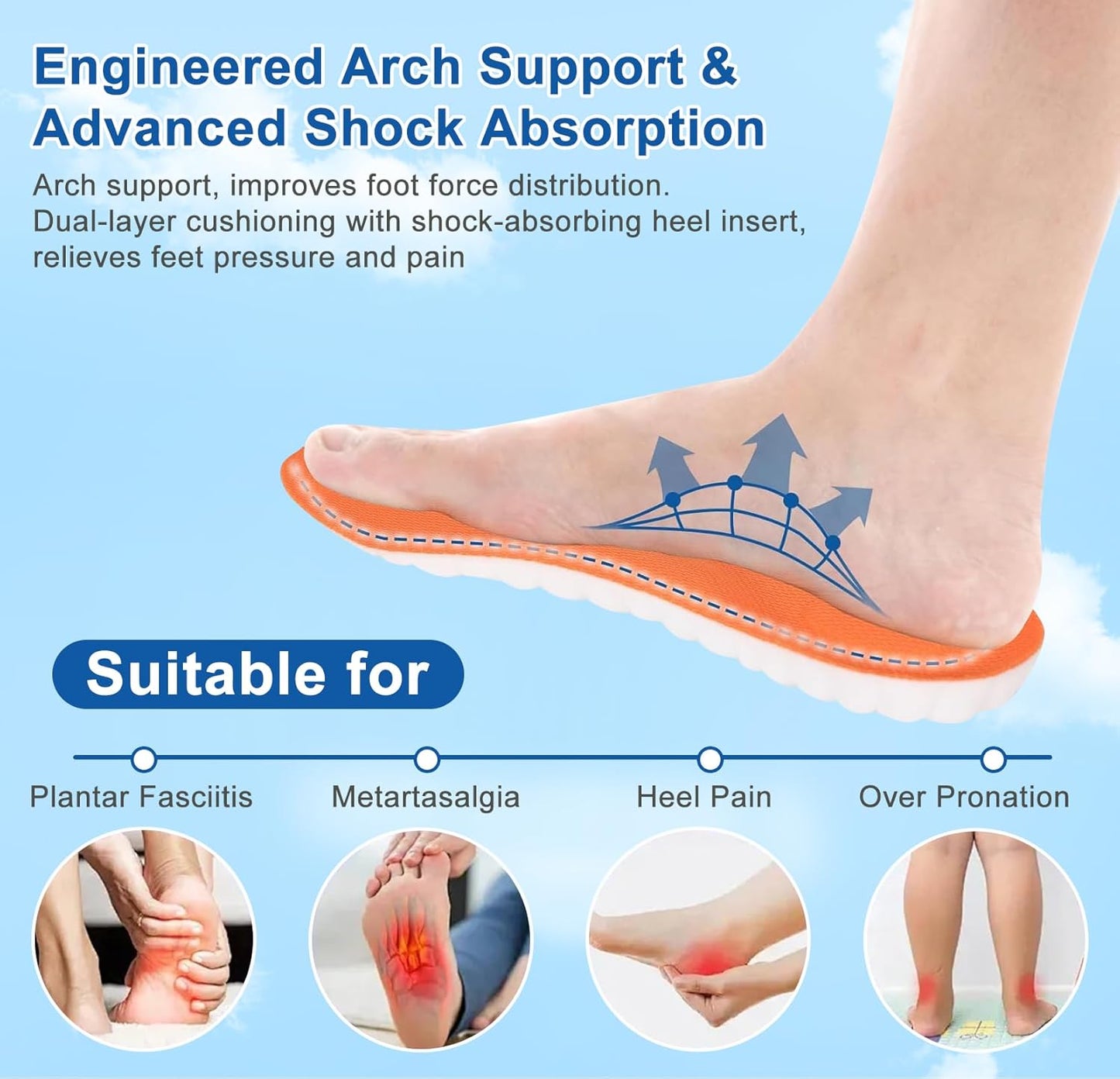2 Pairs Steppers Massage Insoles for Men Women Unisex, Enhanced Arch Support & Cushioned Comfort, Fits All Shoe Types